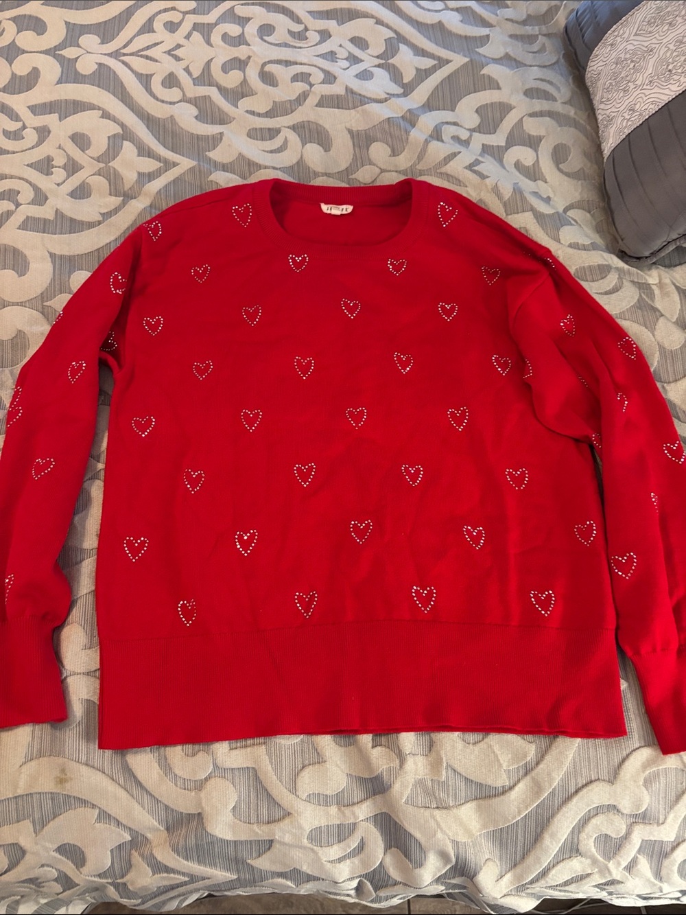 JODIFL Red Crewneck Sweater with Studded Heart Accents